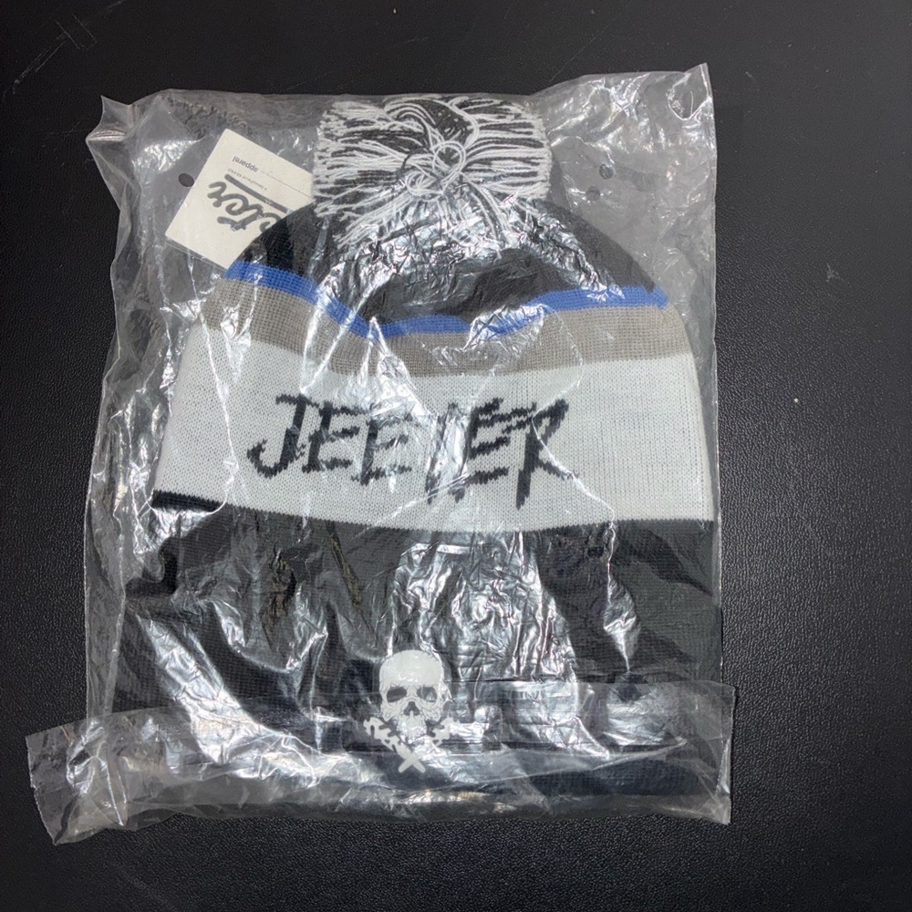 Black and Gray Jester Beanie with Skull Design